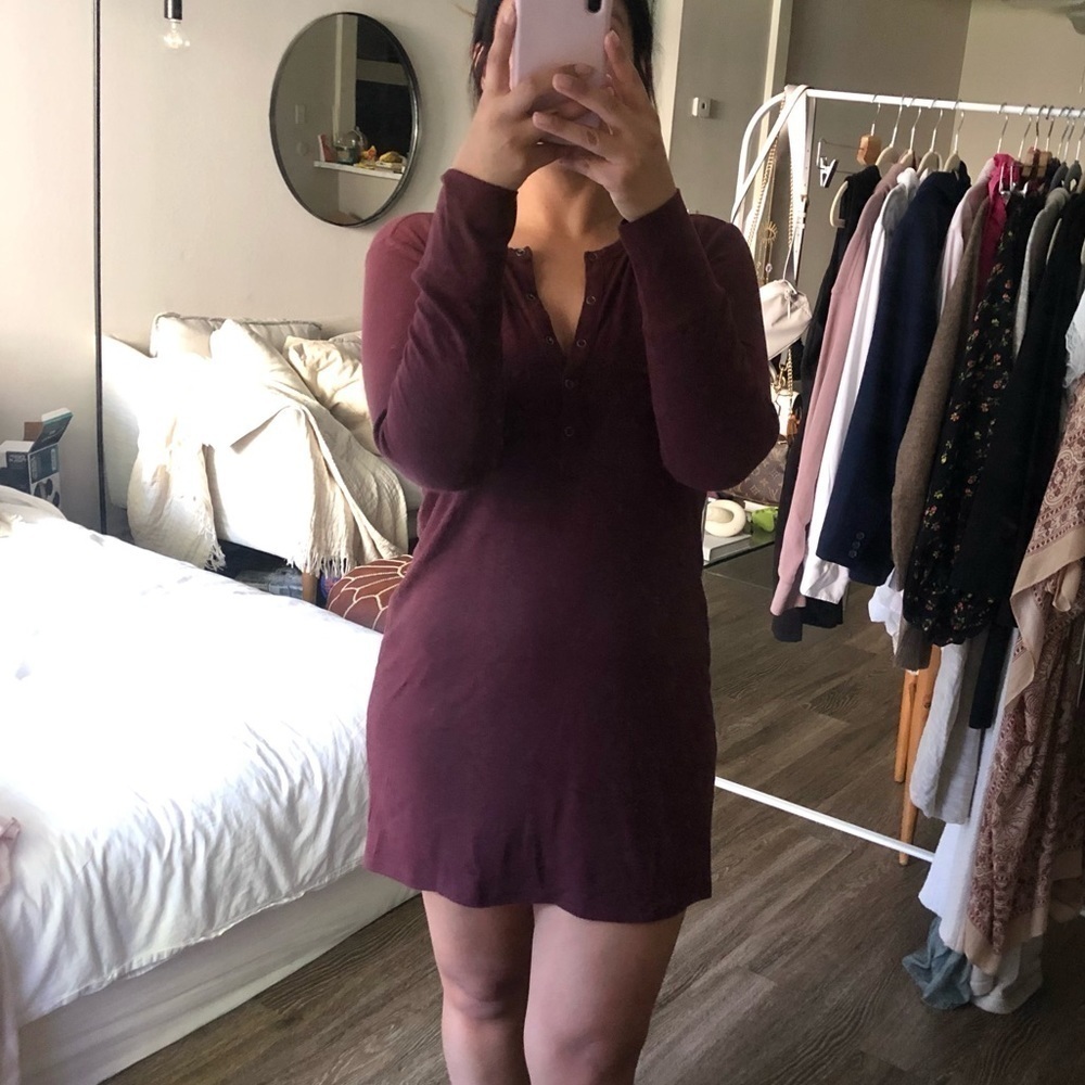 Aerie Ribbed Long Sleeve Dress in Burgundy M